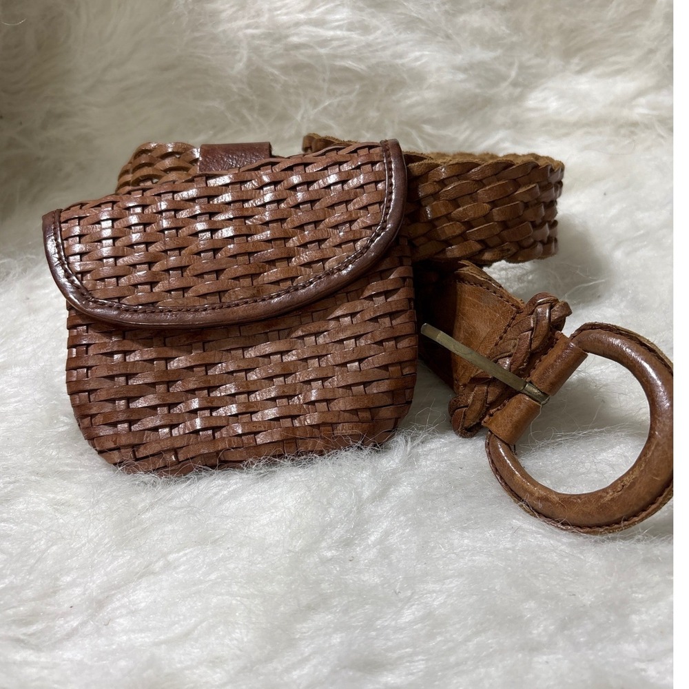 Vintage Woven Leather Belt Bag Women Medium Brown Braided Made in Italy Boho Y2K